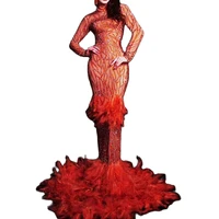 orange feather dresses rhinestones striped mermaid long trailing dresses banquet elegant party evening costume stage wear lady