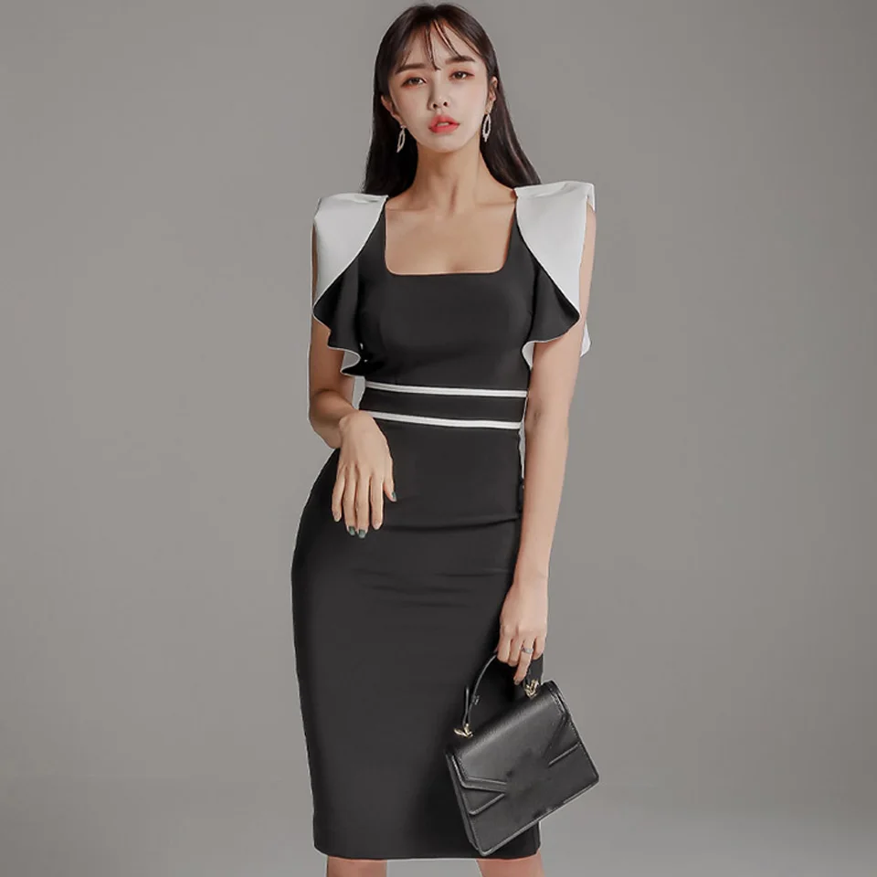 Платье без рукавов с оборками Офисные женские туфли платье 2020 Весна квадратный