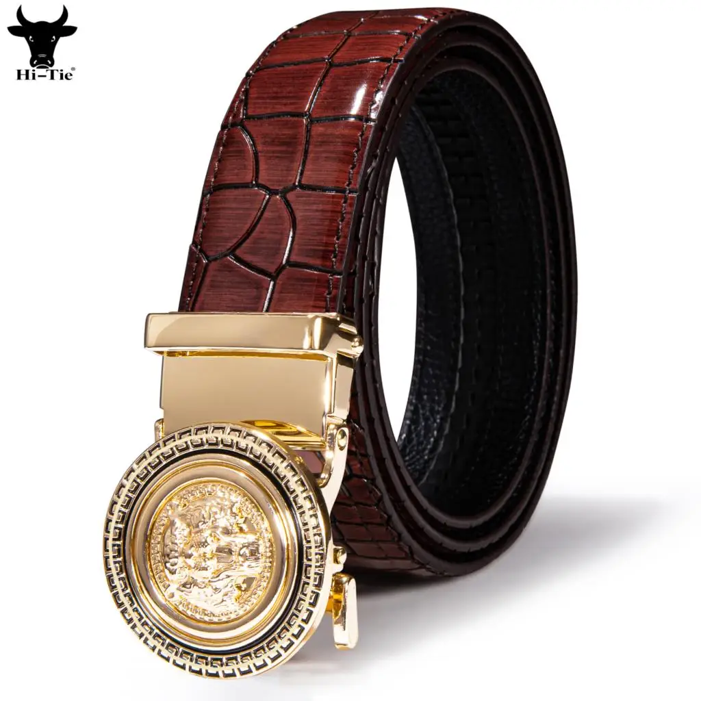 

Hi-Tie Gold Tiger Automatic Buckles Mens Belts Red Leather Ratchet Waistband Cowboy Belt for Men Jeans Dress Wedding Business XL