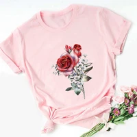 vintage rose flower print t shirt women lovely pink t shirt top summer top female t shirt aesthetic clothes 90s tumblr clothes