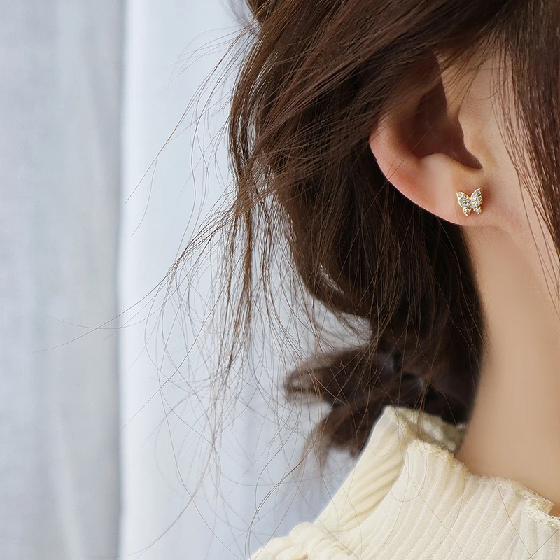 

Vintage Exquisite 14k Real Gold Jewelry Butterfly Shape Ear Clip for Women Luxury AAA Zircon Stud S925 Silver Needle INS Top Hot