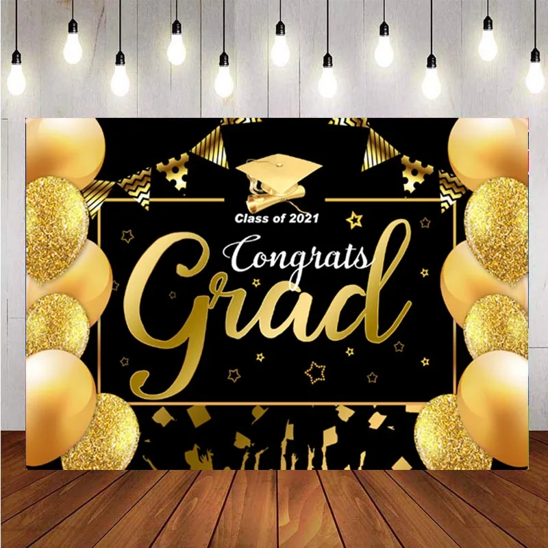 

Black Gold Class of 2021 Graduation Backdrop Balloon Glitters Bachelor Cap Party Photography Background For Photo Studio Props