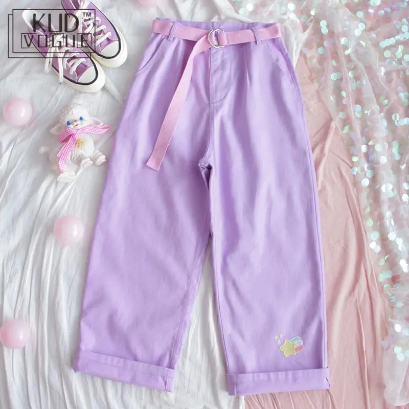 Женские джинсовые брюки с вышивкой повседневные фиолетовые высокой талией в