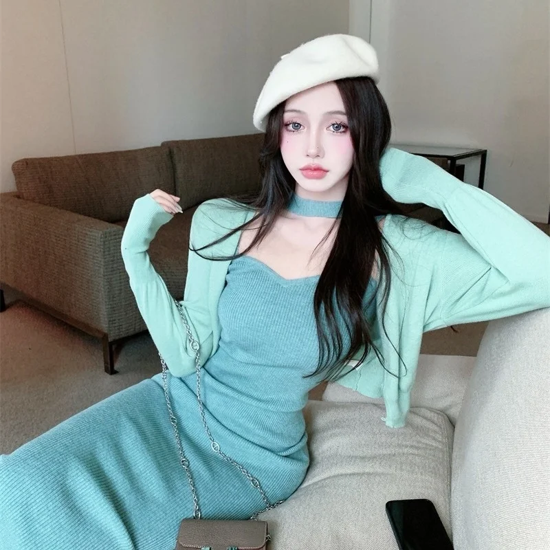 

Retro Elegant Halter Straps Knitted Dress Women's Autumn and Winter 2021 New Mid-Length Dress Underdress