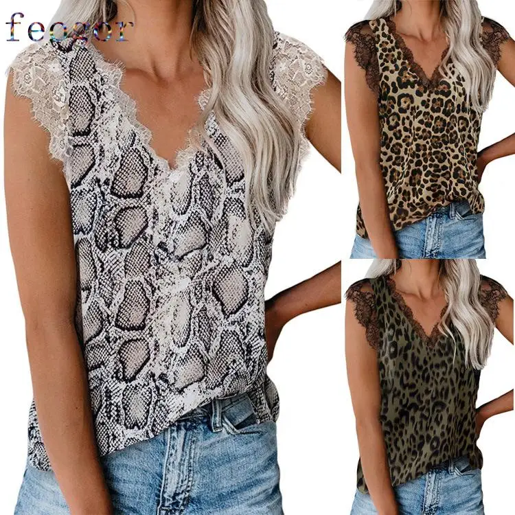 

FEOGOR short sleeve T-shirt 2021 summer new vest V-neck leopard print lace stitching pullover top women's clothing Baggy vest