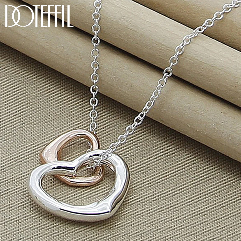 DOTEFFIL 925 Sterling Silver 18 Inch Chain Rose Gold Double Heart Pendant Necklace For Women Wedding Engagement Fashion Jewelry | Украшения