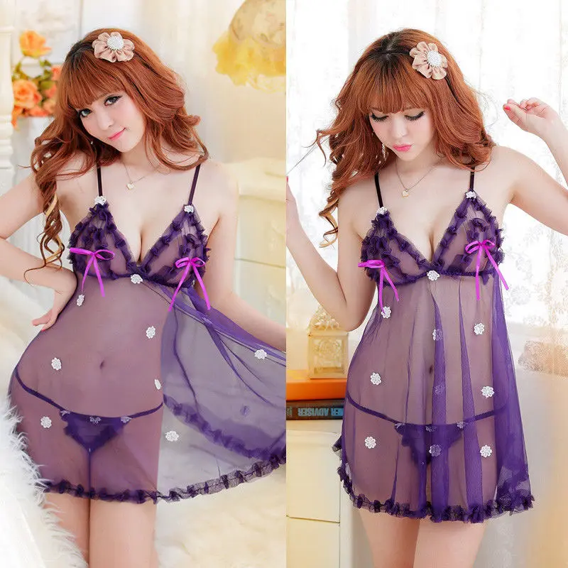 

Transparent Sexy Lingerie Set Lace Flower Bowknot Deep V-neck Lingerie Sexy Hot Erotic Dress+G-string Women Underwear Babydoll