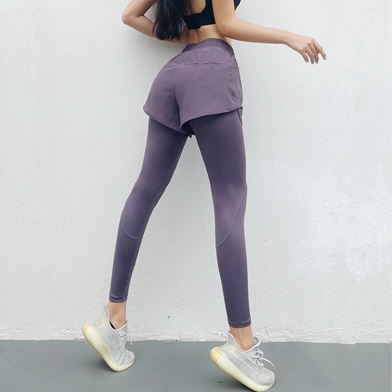 Sport Leggings Women Fake Two-Piece Yoga Pant With Pocket High Waist Gym Fitness Workout Tights Drawstring Running Trouser Femme