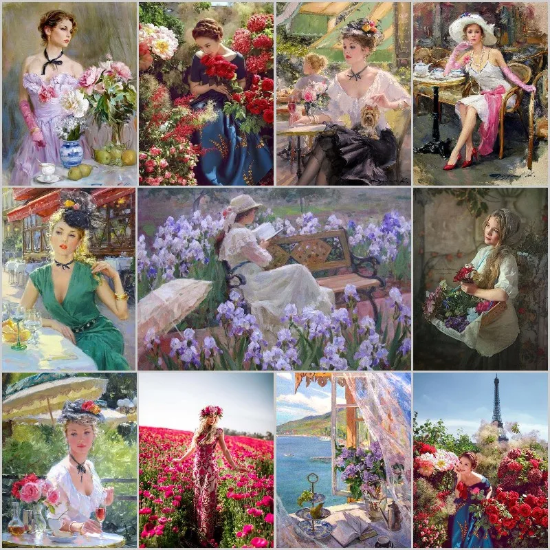 

5D Full Handcraft Embroidery Rhinestones Cross Stitch Diy Diamond Painting Delightfully Charming Woman and Flower Home Decro