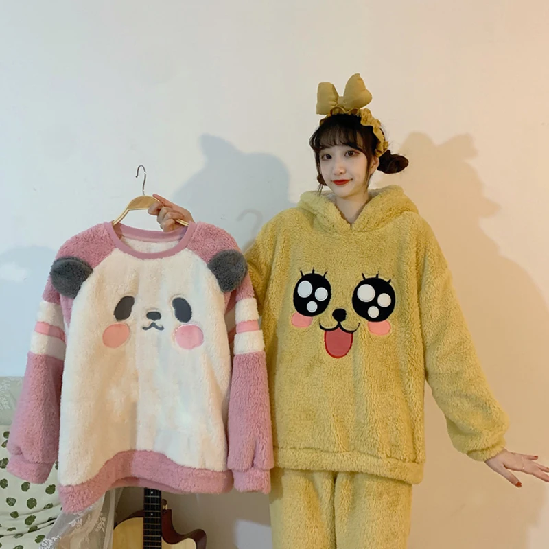 

Winter Warm Kawaii Pajama Set Women Sweet Cute Girl Little Panda Ears Hoodies Plush Trousers Thickened Soft Home Wear Women 2021