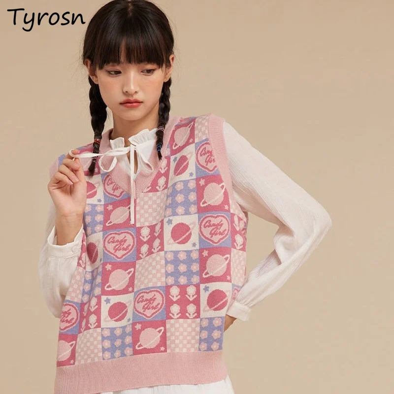 

Women Sweater Vest Kawaii Plaid Chic Harajuku Spring Autumn Preppy Style Sweet Girls All-match Leisure V-neck Cozy Causal New