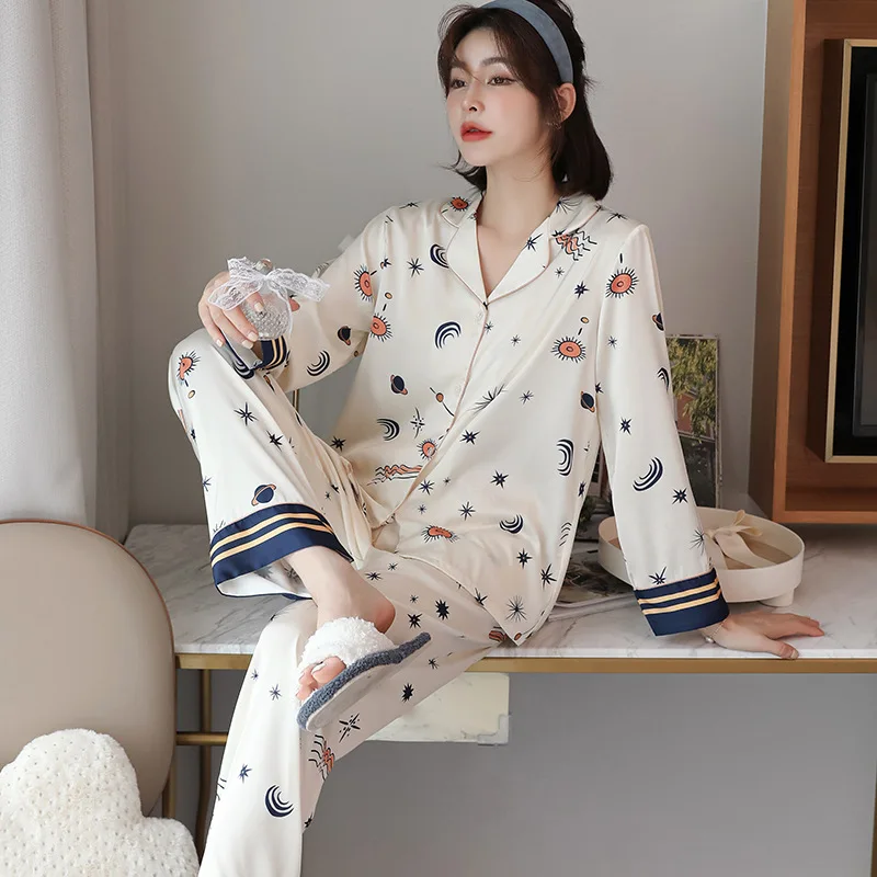 

Женские пижамные комплекты, качественная Новинка, пикантная белая атласная одежда для сна с принтом, милые брюки с длинным рукавом, пижамы