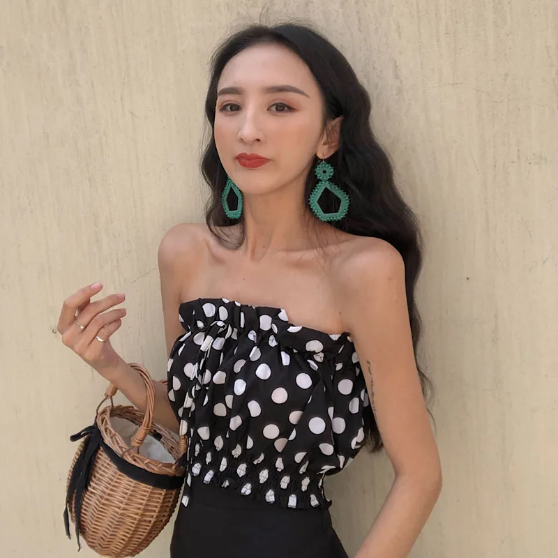 

Модная женская одежда с открытыми плечами, блузки, шикарный укороченный топ в горошек, рубашки, женские топы в винтажном стиле, модные женск...