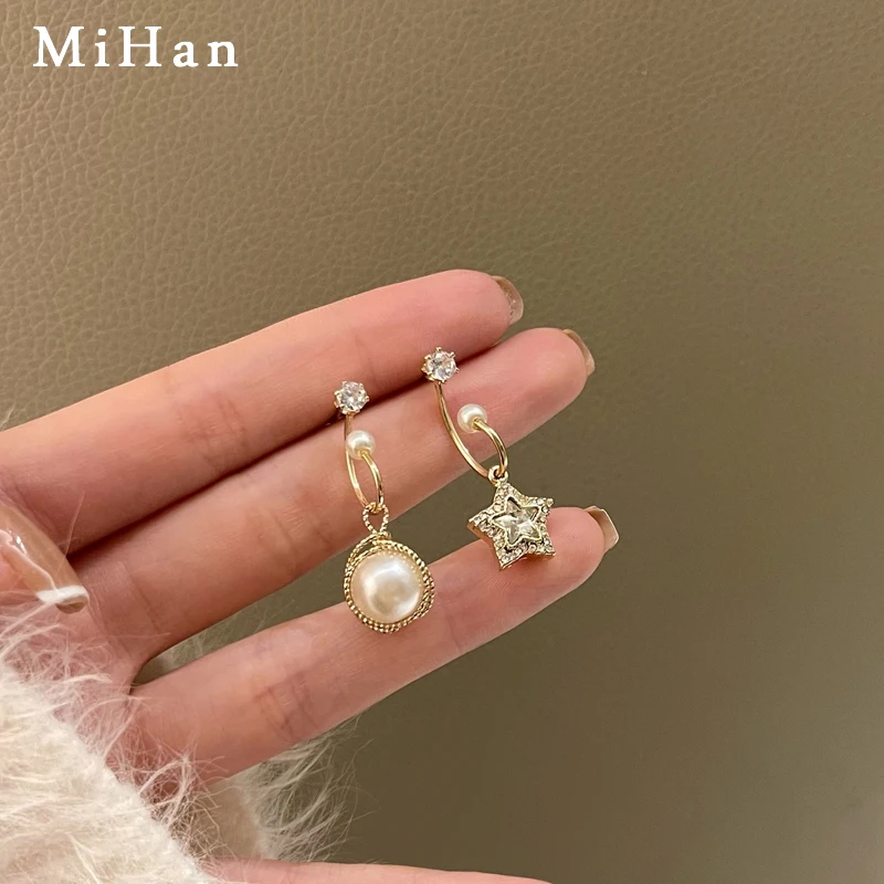 

Mihan S925 needle Women Jewelry Asymmetrical Star Earrings Delicate Design Simulated Pearl Crystal Drop Earrings For Women