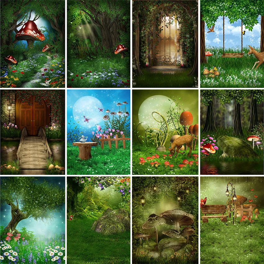 

Spring Scenery Photography Background Wonderland Fairy Tale Forest Mushroom Grassland Backdrop Photophone Photocall Photo Studio