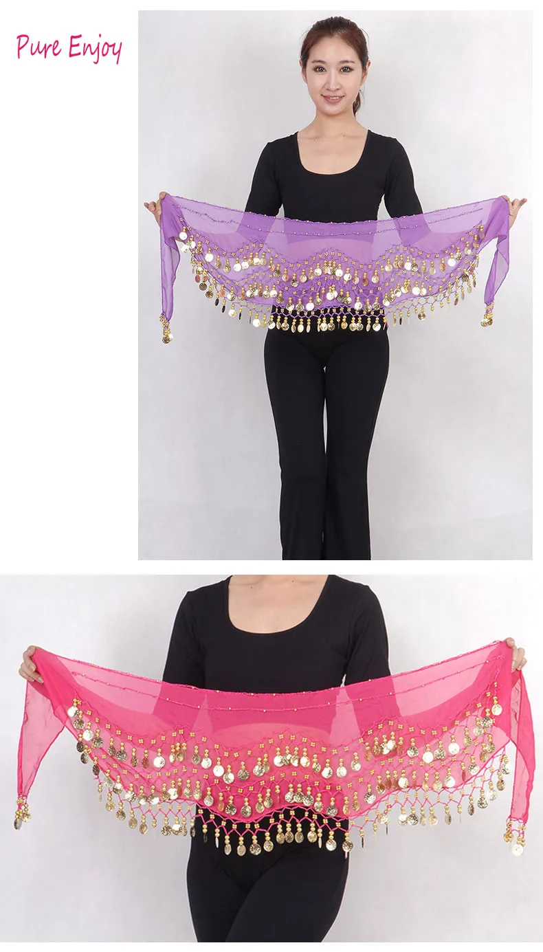 Belly Dance Waist Цепочка хип-шарф шифон трехслойная волна золотая монета талия Индия начинающий танец цепочка талии