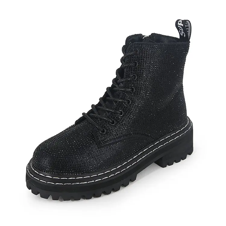 

Winter women pumps dress Martin boots Platform Fashion Rhinestone lace up Round Toe mid heels snow botas women shoes mujer