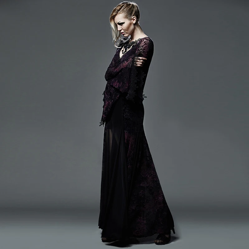 Женское платье в стиле панк готическое темно фиолетовое ведьмы с длинным рукавом