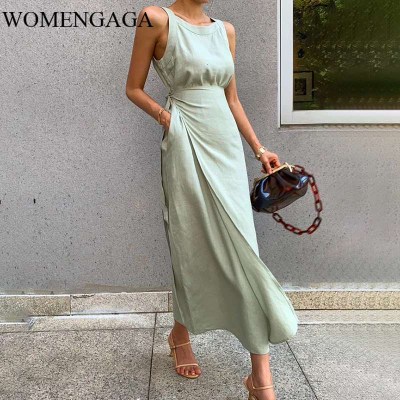 

Summer Sleeveless Dress Women O Neck Off Shoulder High Waist Bandage Elegant Midi Dresses Female Fashion 2020 XX193