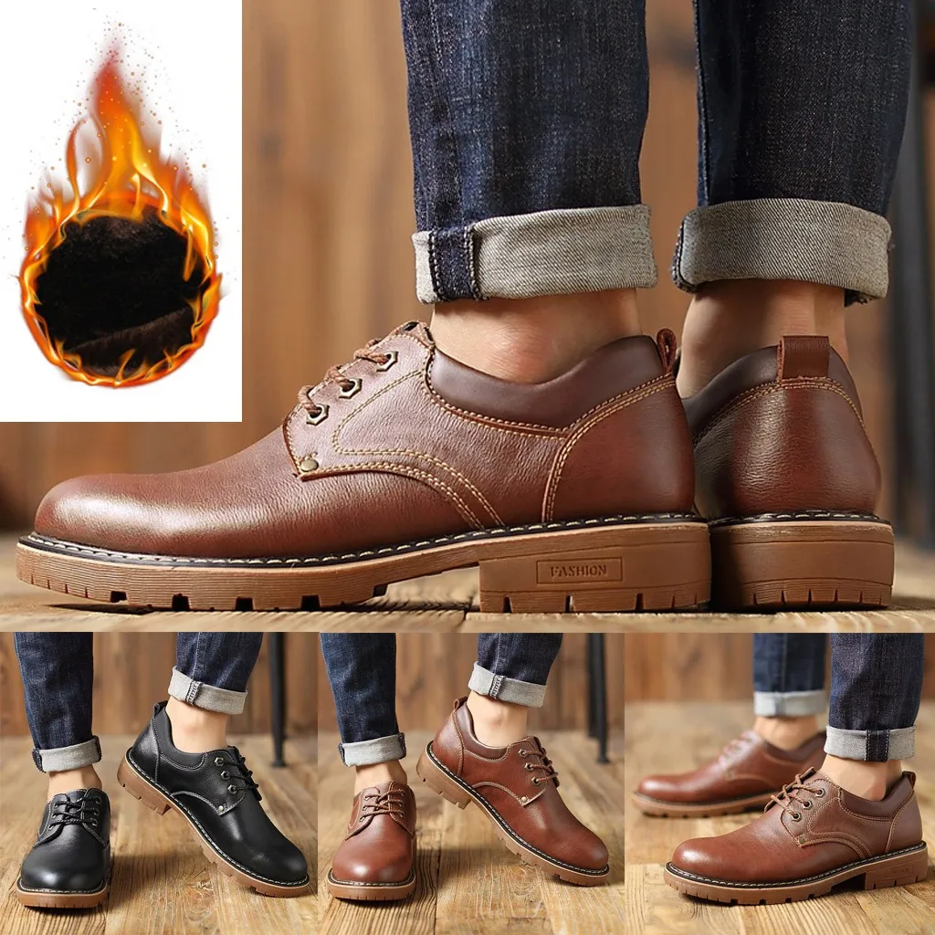 Мужская повседневная кожаная обувь сохраняющая тепло с круглым носком на