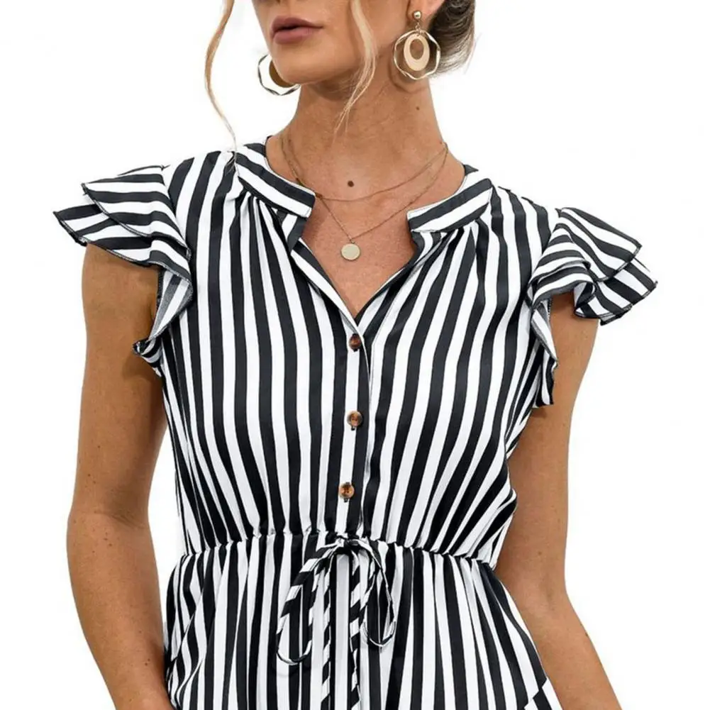 

Stylish Summer Shirt Dress Stripe Flying Sleeve Breathable Women V Neck Lace-up Waist Tied Dress for Office Daily Wear