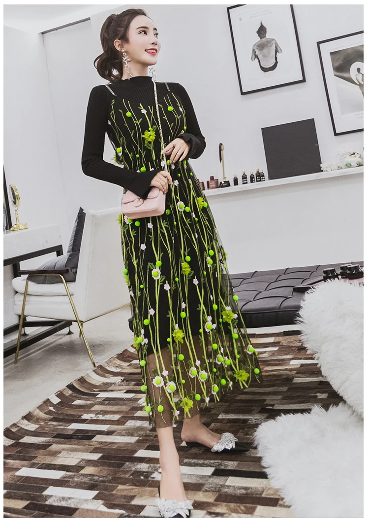 Knitted Dress 2 Piece Set Autumn New Solid Black Sweater Dress and Hairball Appliques Floral embroidery Mesh Sling Dress Sets