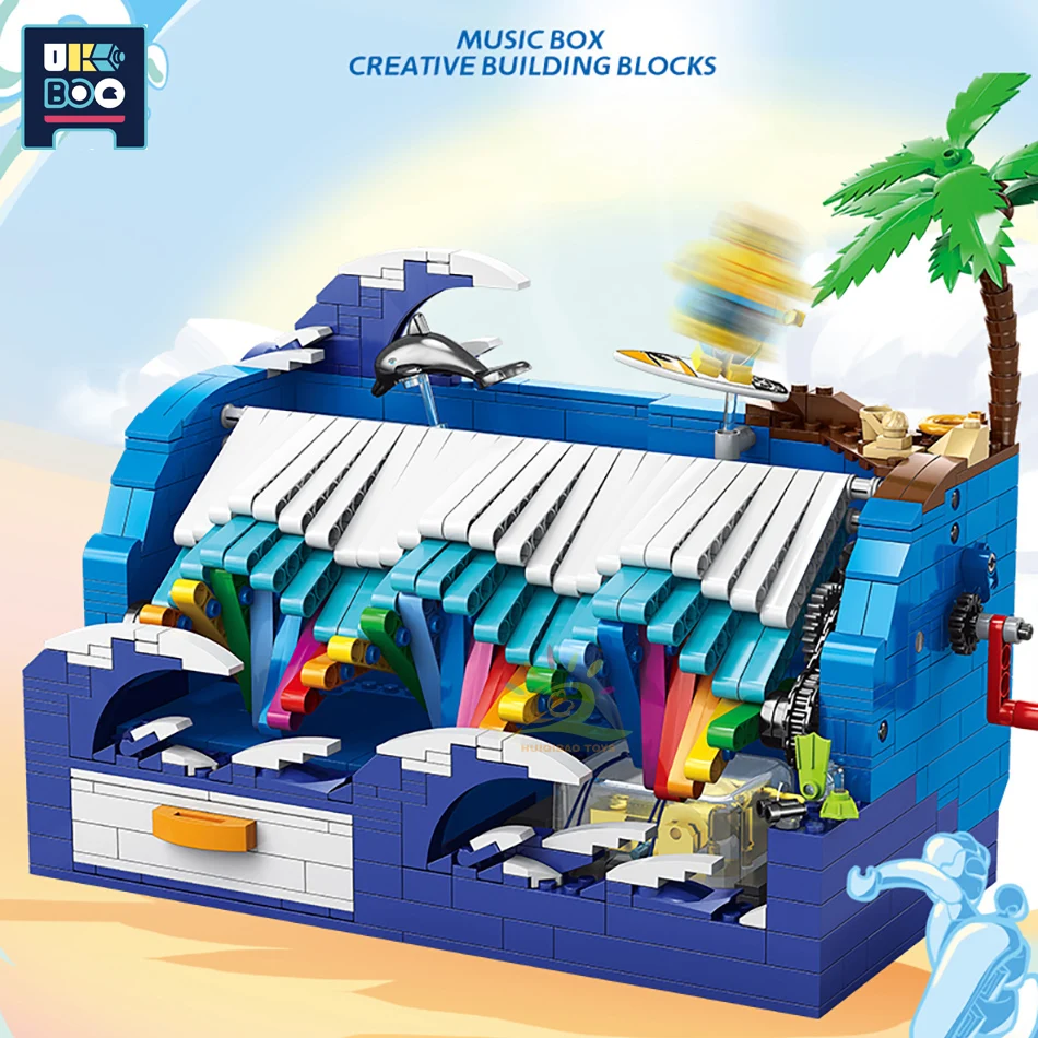 

818PCS Sunny Sea Beach Wave Surfing Music Box Model Building Blocks DIY City Dolphin Figure Creative Bricks Toys For Children