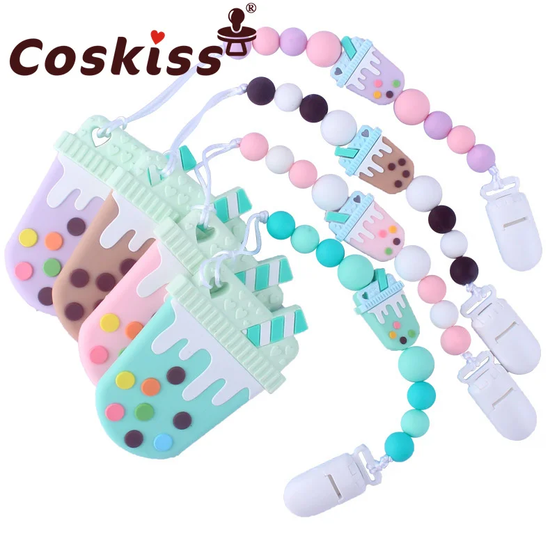 

Coskiss 1set Milk Tea Cup Silicone Teether Toy and Soother Pacifier Holder Clip Chain Best Newborn Shower Molar Product Gift