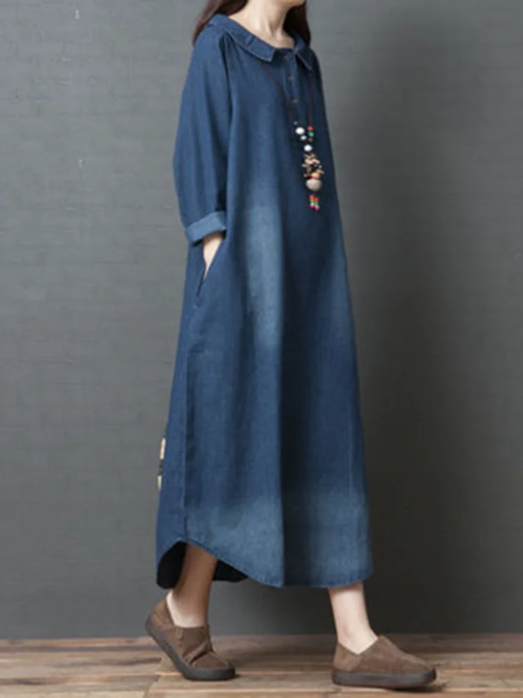 Женское длинное джинсовое платье винтажное хлопковое синее из денима с