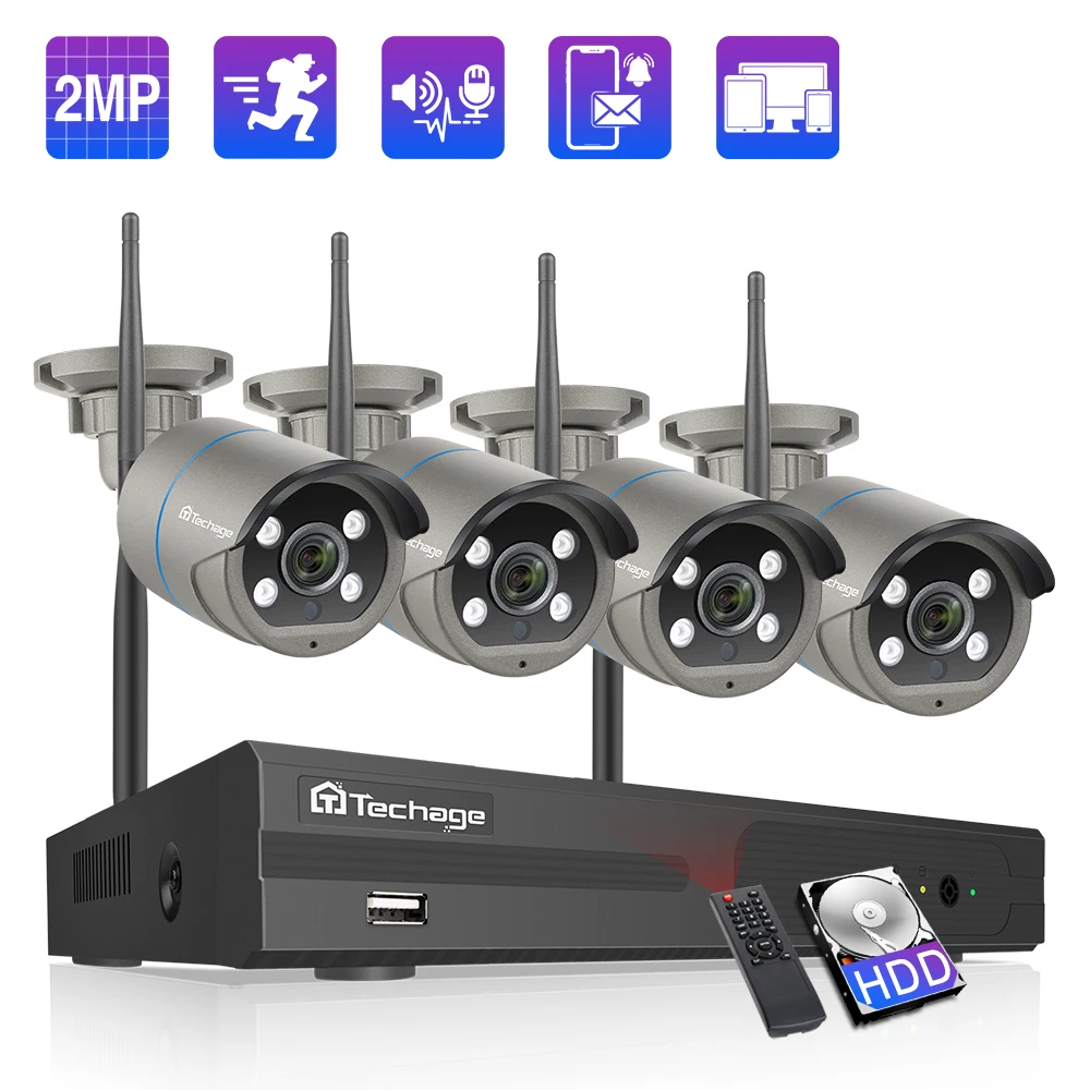 Камера видеонаблюдения Techage беспроводная 8 каналов 1080P 2 Мп Wi Fi|Система наблюдения|