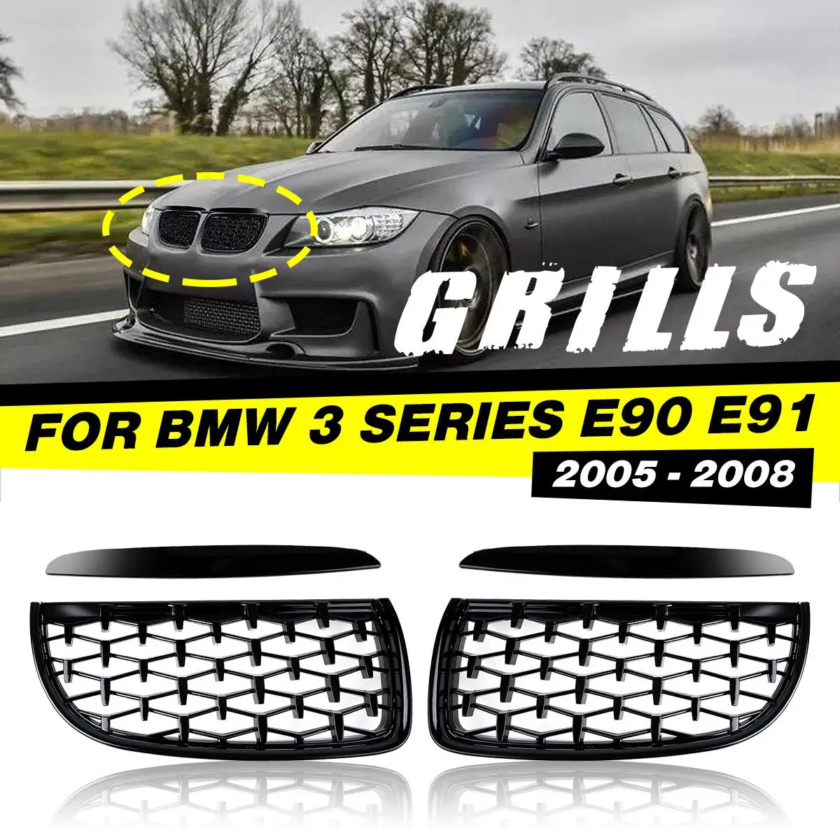 

4Pcs Front Kidney Bumper Grilles Diamond Meteor Racing Grills Upper Hood Eyelids 51137117241 For BMW 3 Series E90 E91 2005-2008