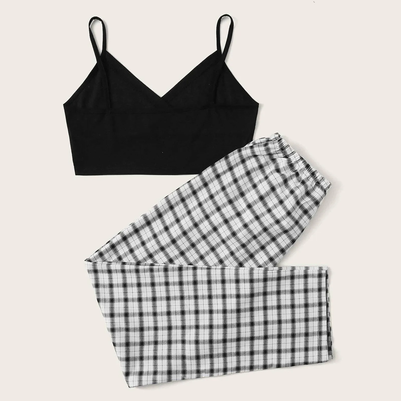 

Women Sexy Sleeveless Suspender Blouse And Plaid Pants 2piece Casual Set Pantalons pour femmes Pantalones de mujer