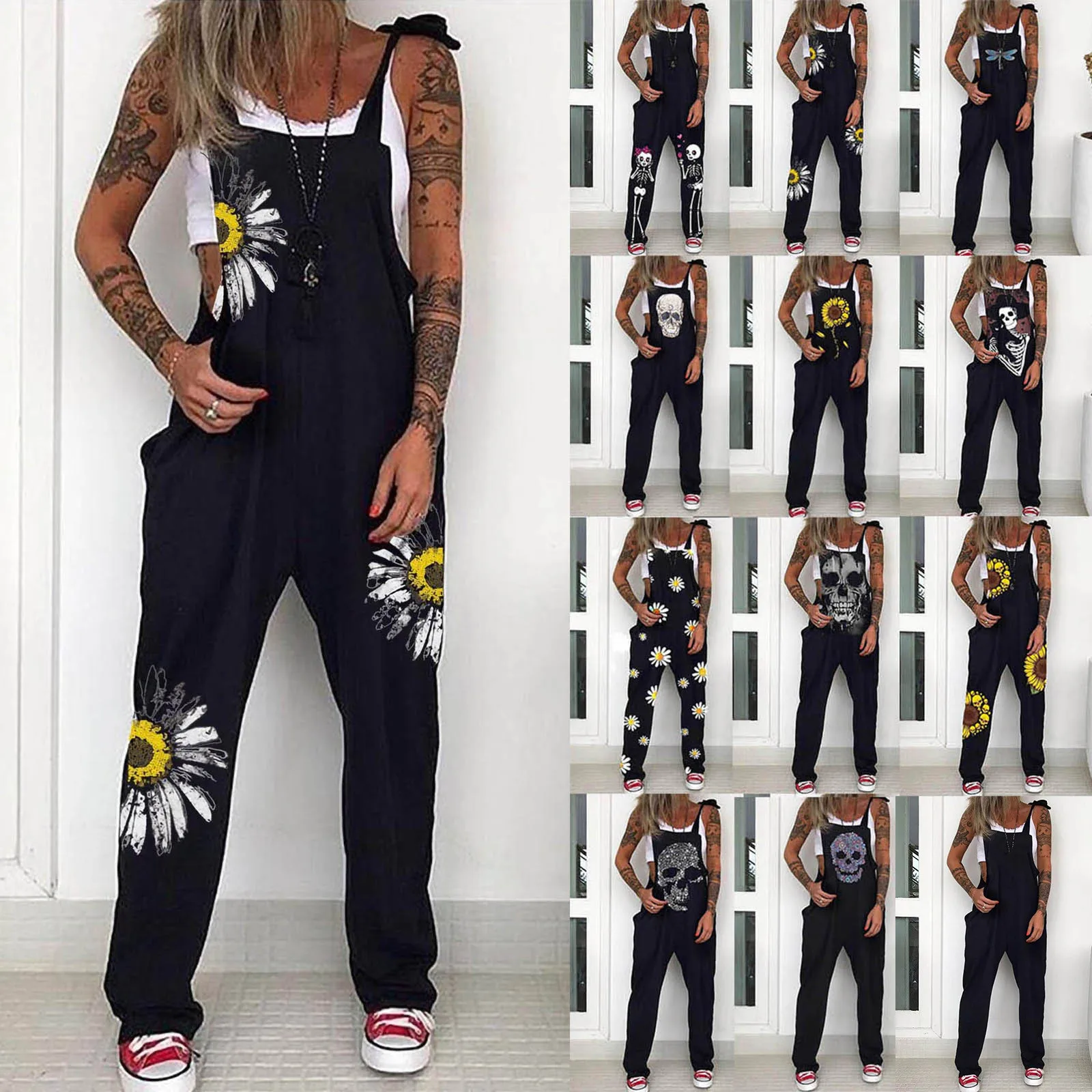 

2021 JumpsuitWoman Summer Skull Print Punk Jumpsuit Casual Loose Daisy Printed Overalls Jumpsuit