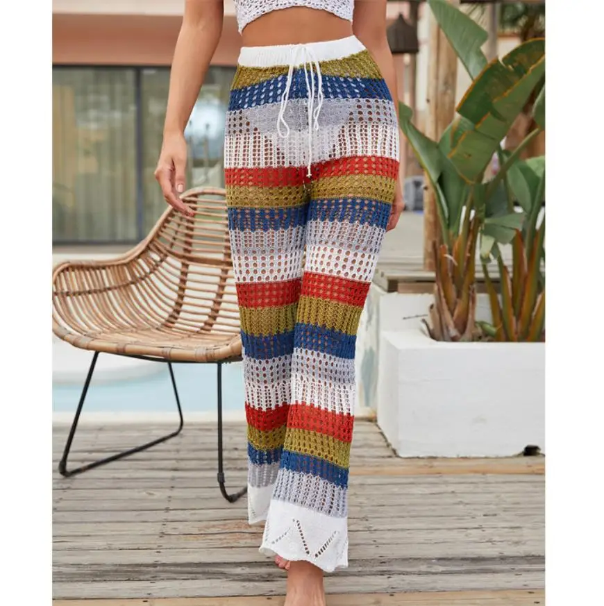 

Женская одежда, женская накидка на бикини, брюки с высокой талией, вязаный крючком, купальник с цветными блоками, комплекты пляжных брюк