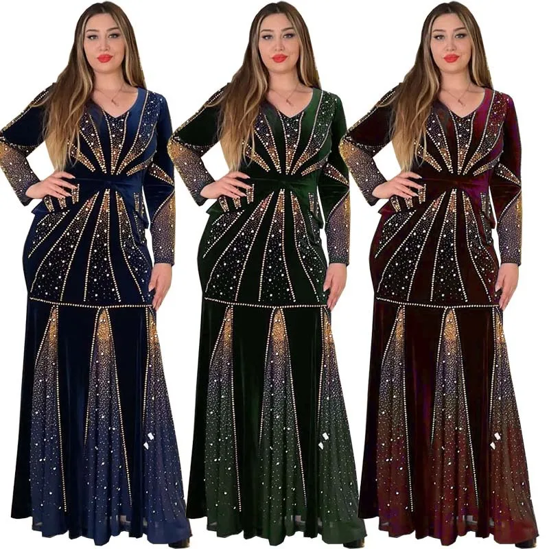 

dresses women commuter flannel stitching mid-waist hot rhinestone bag hip fishtail long skirt plus size bridesmaid dress Lady