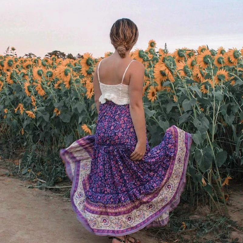 Boho chic хиппи Женская пляжная Цветочная юбка с кисточками богемная юбка с высокой эластичной талией А-силуэт Макси Юбка Femme