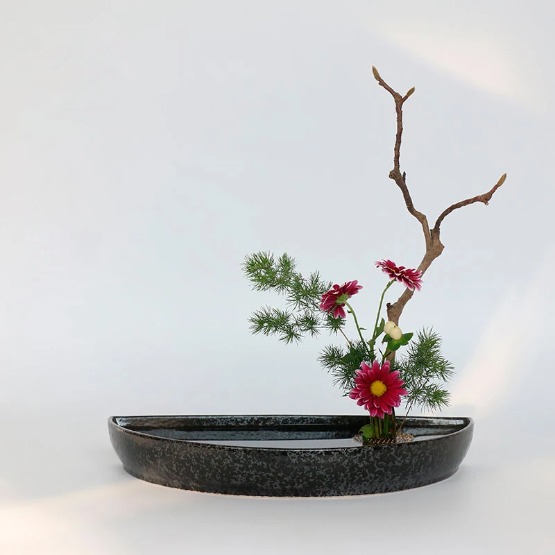 Черный Zen Винтаж грубая керамика полукруг японский цветочный горшок мелкий