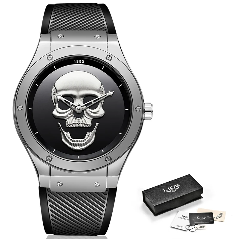 

LIGE Pirate Skull Style Men Watch Fashion Silicone Luminous Quartz Watches Men Military Wateproof Skeleton Wristwatch For Man