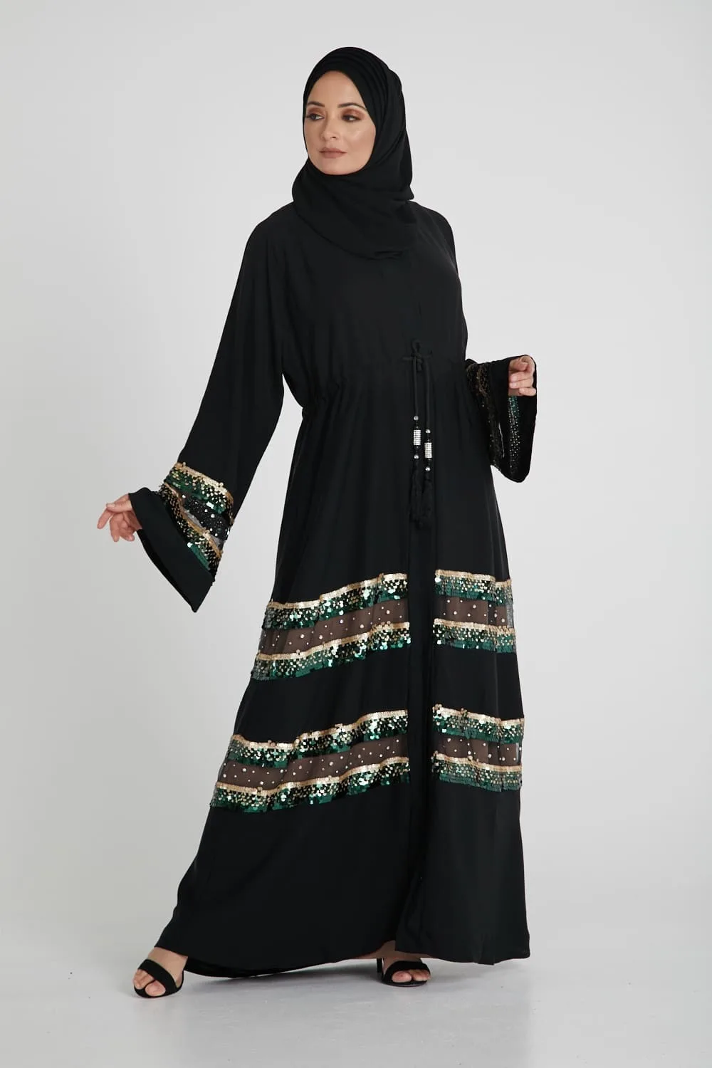 

Muslim Abaya Maxi Dress Sequins Stitching Dubai Tunic Long Robe Female Long Sleeve Dress with Sashes Spring Fall Clothing TA1811