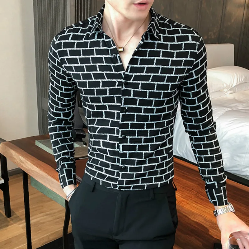 

British Style Men Business Casual Shirts 2020 Camisa Masculina Long Sleeve Slim Fit Plaid Shirt Streetwear Social Party Blouse