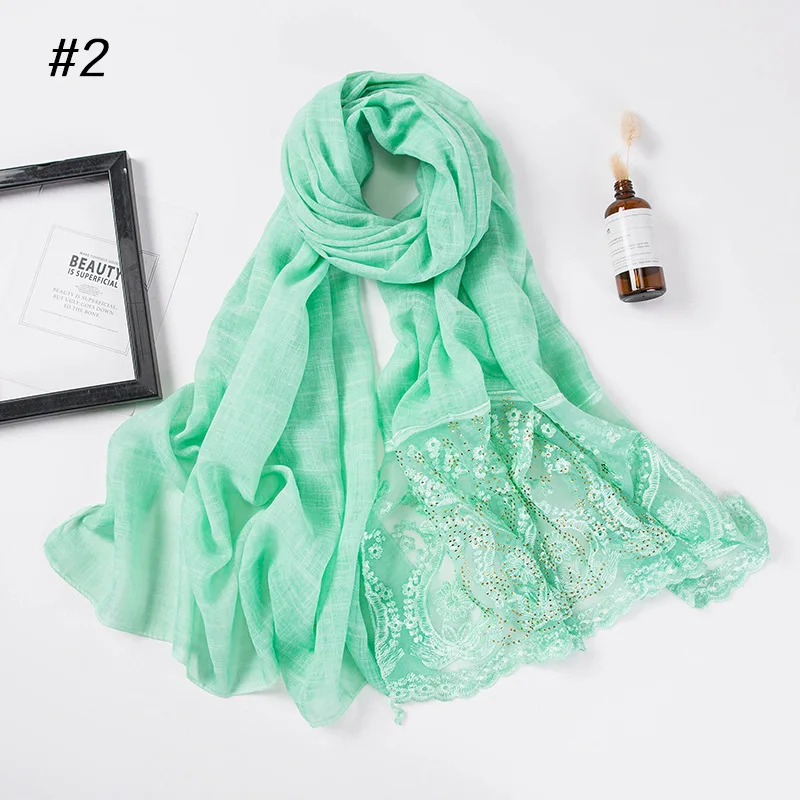 2 mint green Мода Для женщин хиджаб платок-шарф роскошные бриллианты фуляровый, мусульманский платок из изысканного кружева, с вставками и блестками, Длинная накидка, тюрбан - Цвет: 2 mint green