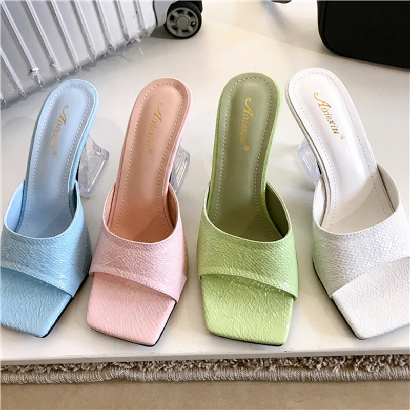 

2022 Summer New Brand Women Slipper Fashion Transparent PVC Crystal High Heel Ladies Elegant Sandal Peep Toe Slip On Slides Shoe