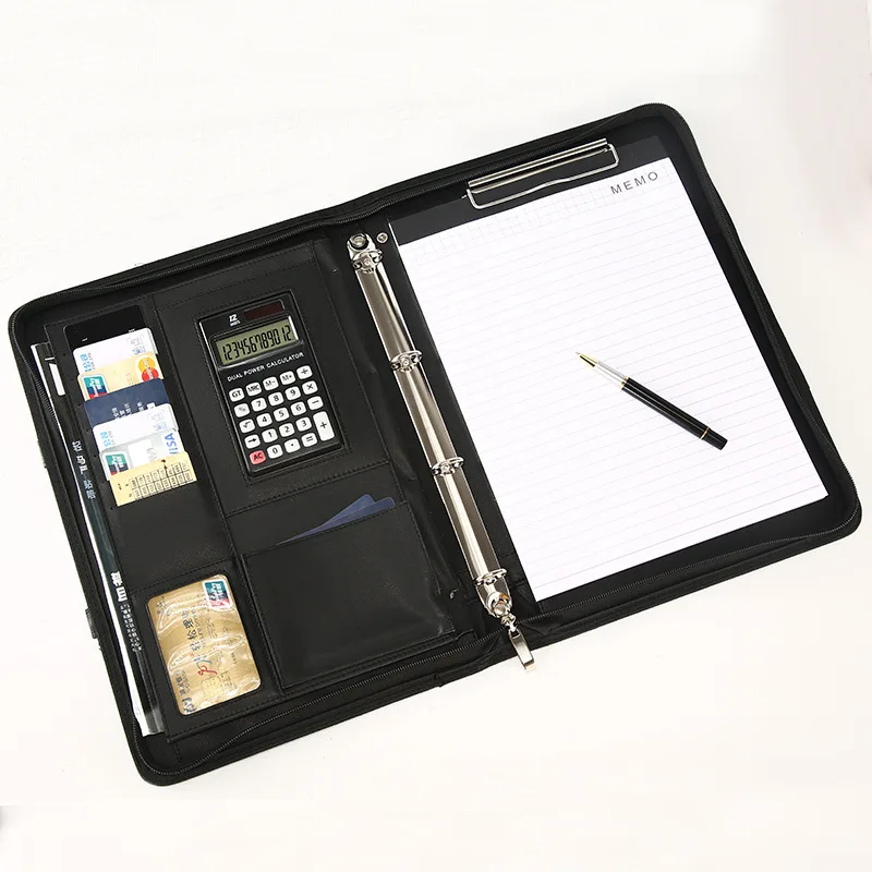 A4 Leather Office Document folder Multifunctional Business Portfolio Padfolio Holder Organizer Manager Briefcase With Calculator