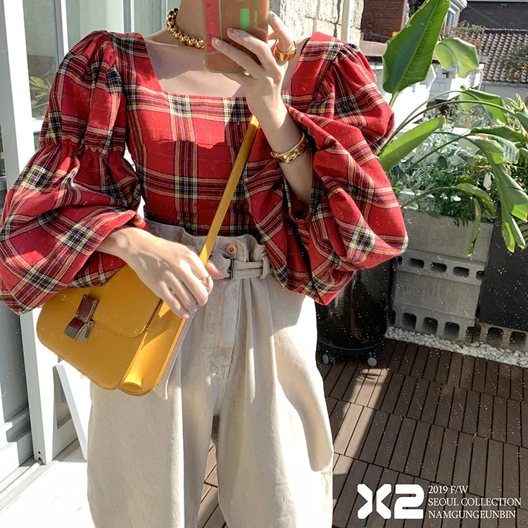 Женские клетчатые топы и блузки Genayooa винтажная блузка на шнуровке Женский Топ с