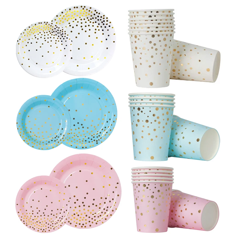 10 шт. одноразовая посуда бумажные тарелки стаканчики Золотой горошек розовый