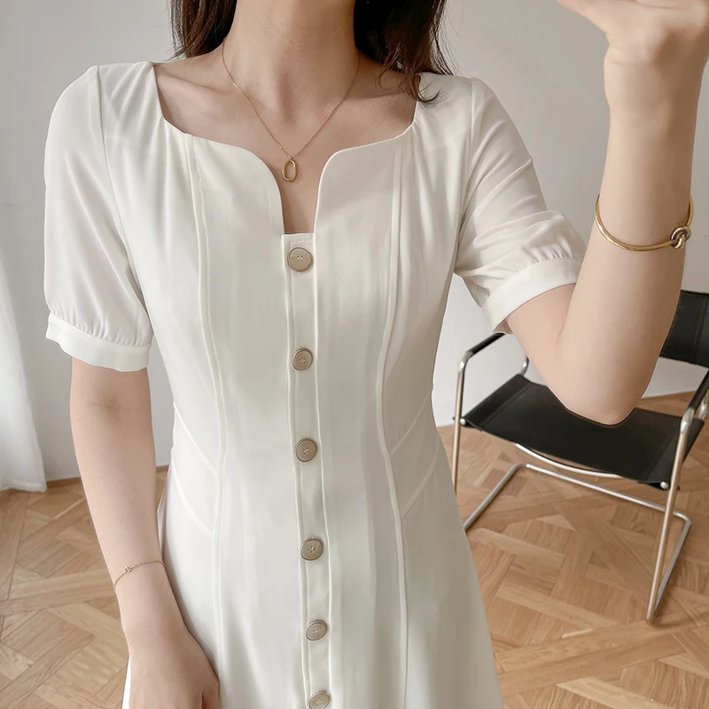 

New Summer 2021 Dress Women White Black Breasted French Dress High Waist Mini Dresses Chic Vestido