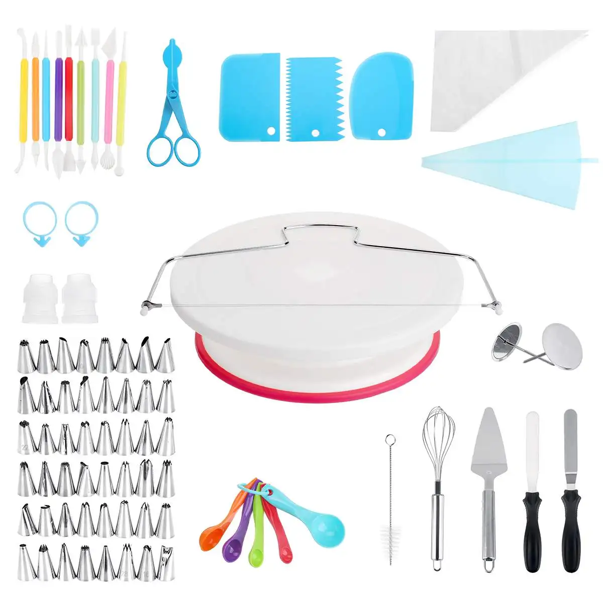 

130Pcs Pastry Bags Tips 48 Icing Piping Nozzles + Cream Reusable Pastry Bags Cake Stand DIY Cake Decorating Pastry Tools Set