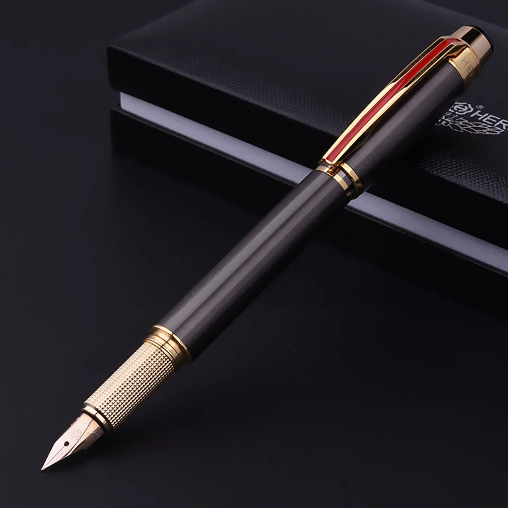 Hero 200E 14K Gold Collection Fountain Pen Fine Nib 0.6mm Gun-Gray with Silver Clip Gift Pen Gift Box for Business Office Home