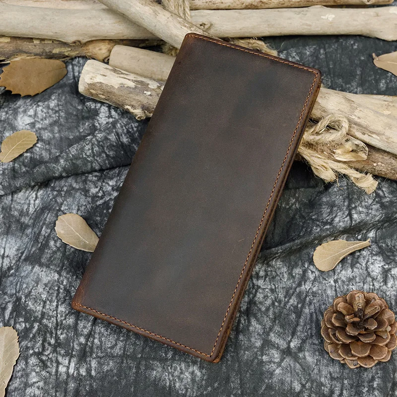 Men's Crazy Horse Leather Long Wallet Brown Cow Bifold With Phone Pocket Cowhide Purse Card Case | Багаж и сумки