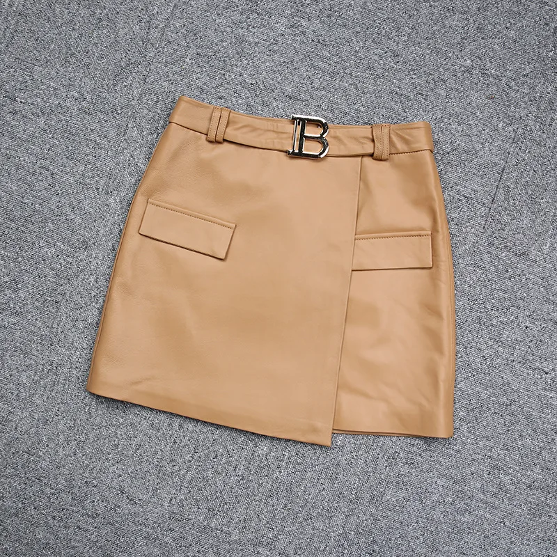 2022 New Leather Skirt Metal Buckle Sheepskin Slim Short Skirt E4